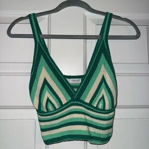 Zara Green and Cream Fitted Crop Tank Top